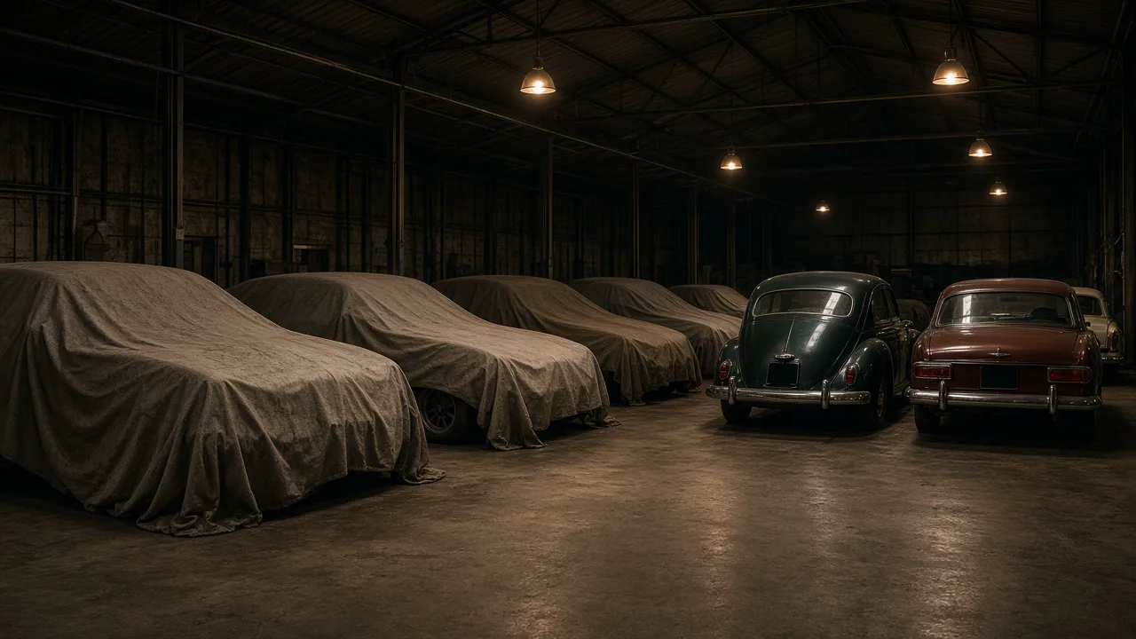 Dim warehouse with a row of classic cars, badges out of frame, under warm lamps and with no people