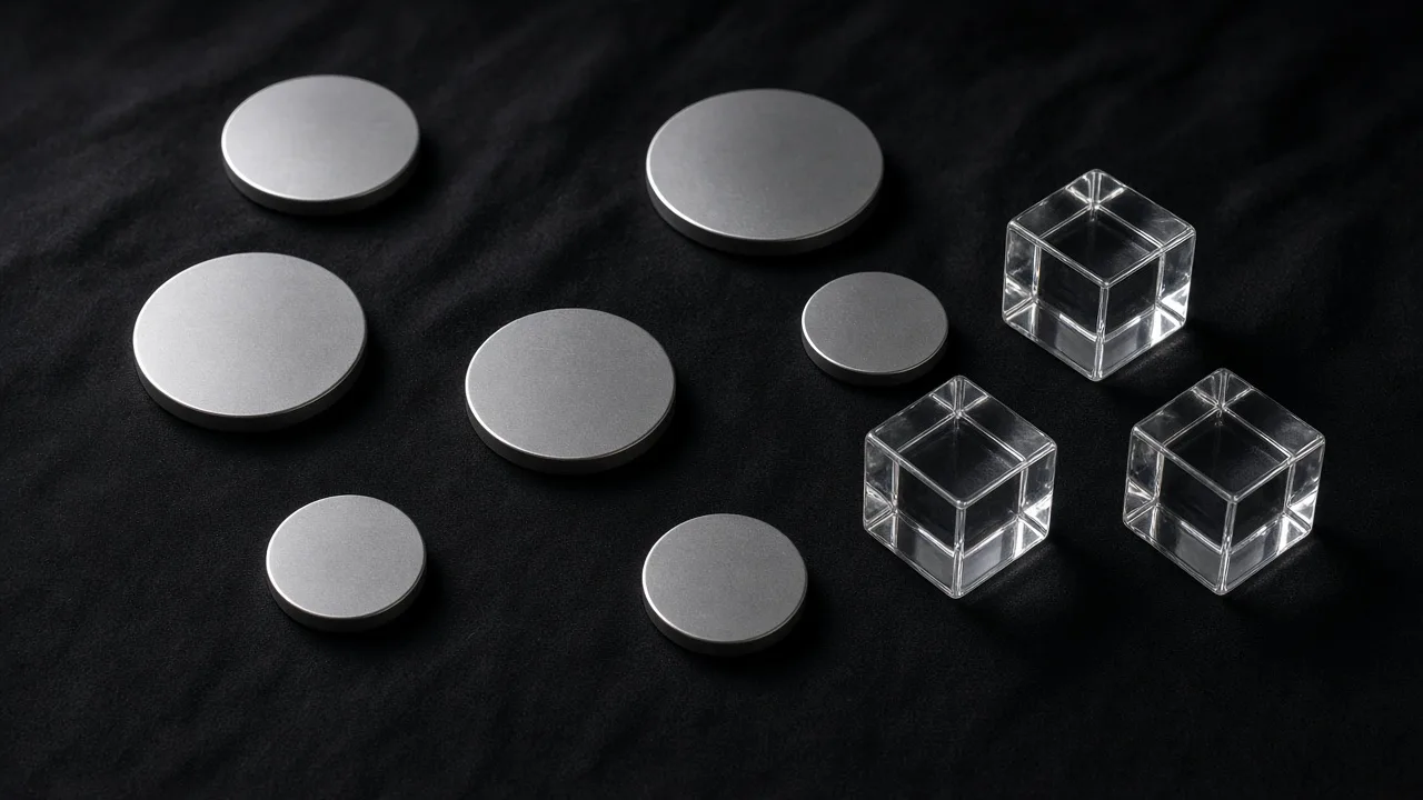 Plain round metal discs and glass cubes on black cloth, with no engravings, symbols, or text