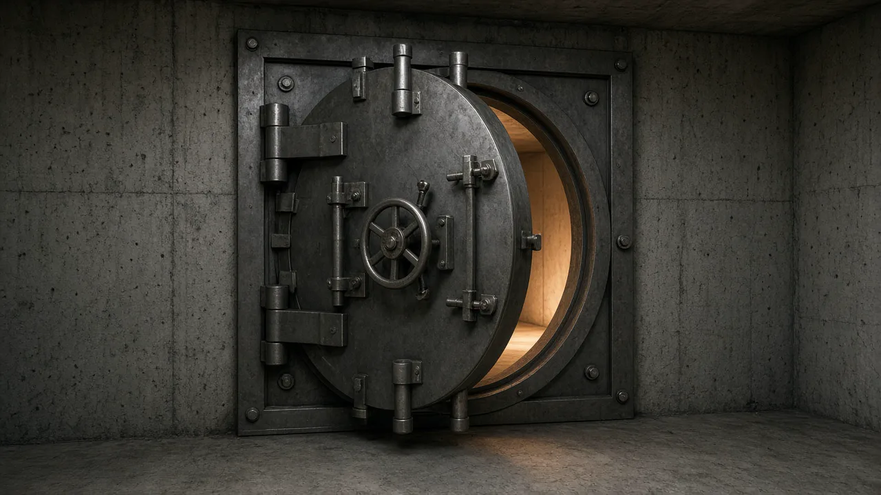 Steel vault door slightly ajar in a concrete room, with warm light inside and no logos or people