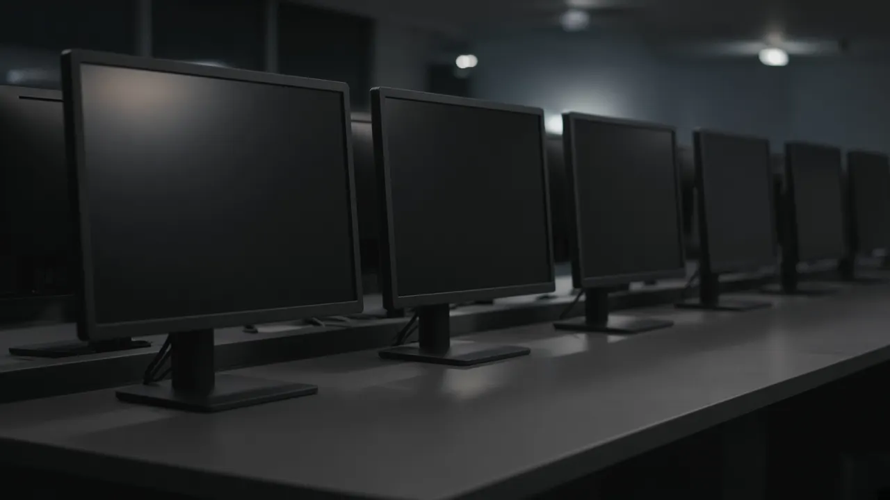 Rows of blank dark monitors on an empty desk after hours, with no readable screens and no people