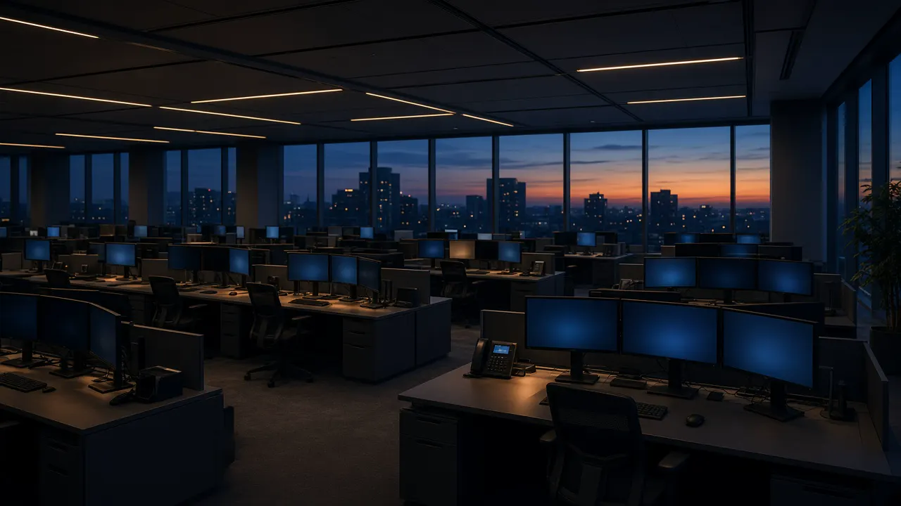 Empty trading floor at dusk with dark desks and monitors glowing blue, and no people in frame