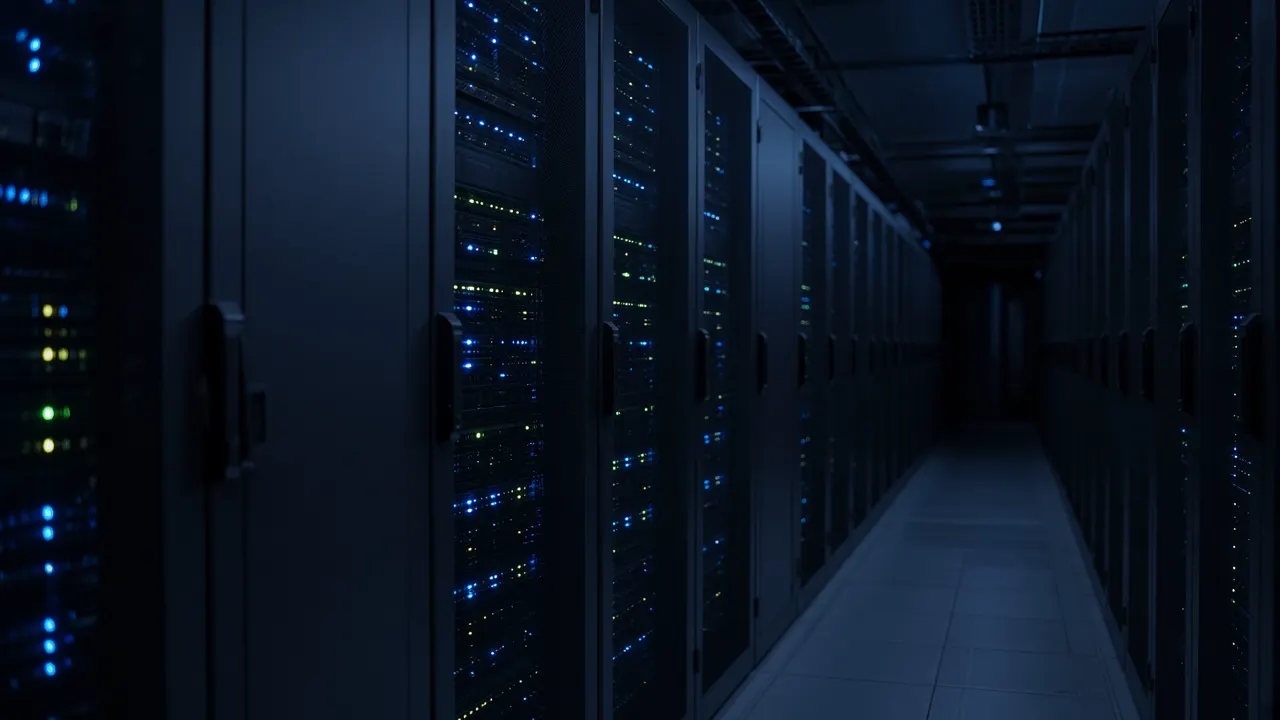 Server racks in a dim aisle with small status lights, with no brand labels and no people