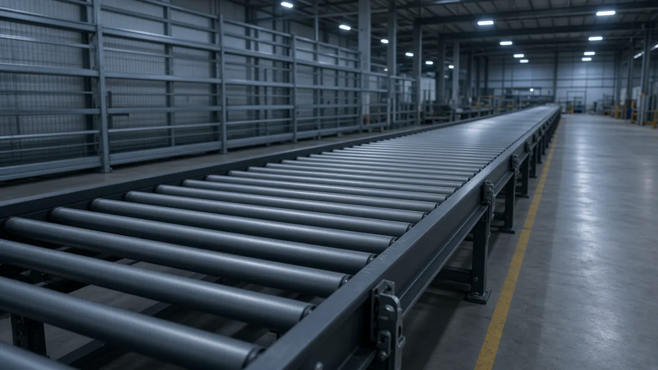 Empty conveyor belt in a parcel warehouse under cool overhead lights, with no readable tags and no people