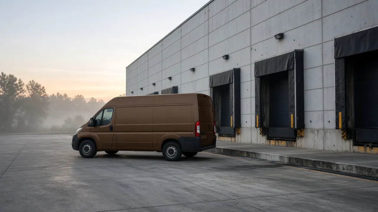 Plain brown parcel van at an empty loading dock at dawn, with no logos and no people