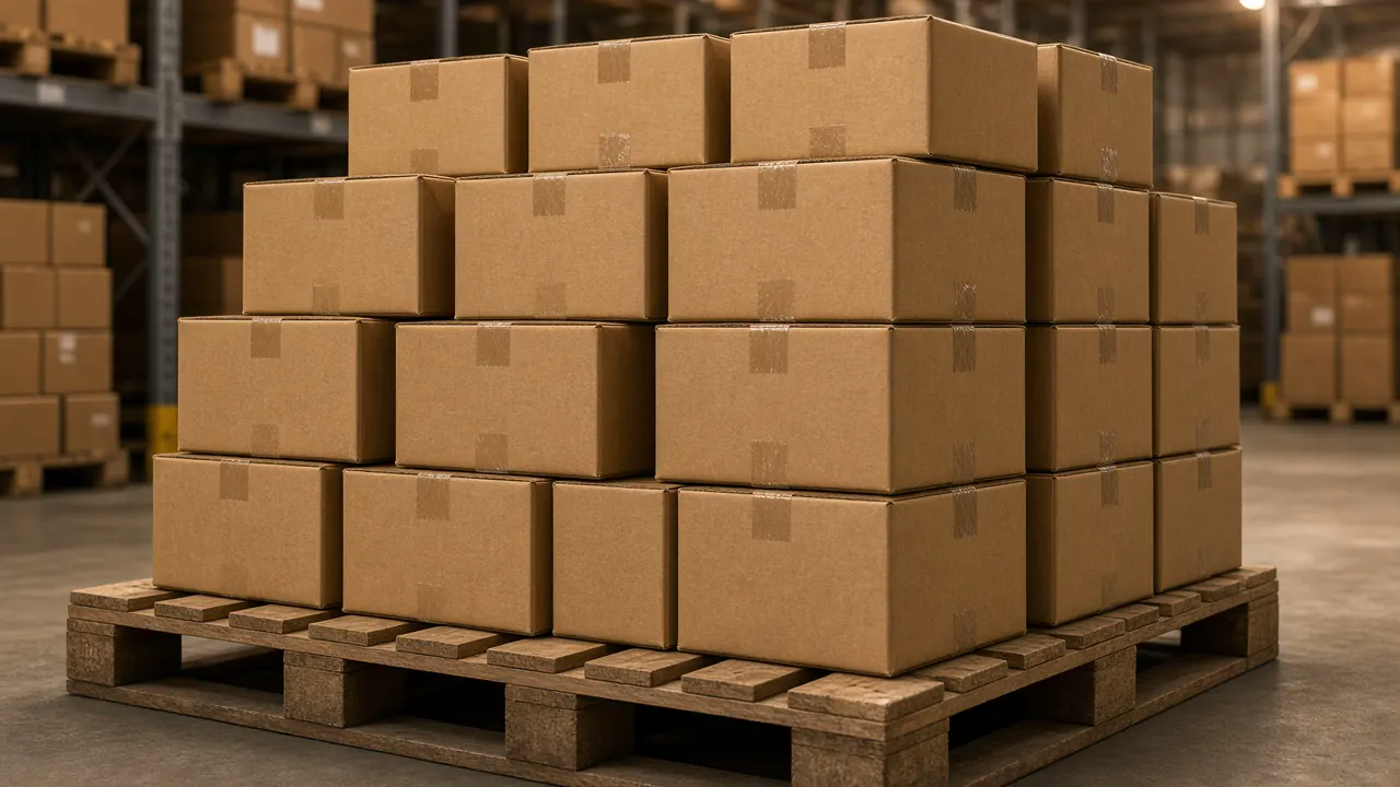 Stacked plain cardboard parcels on a warehouse pallet, with no labels and no people