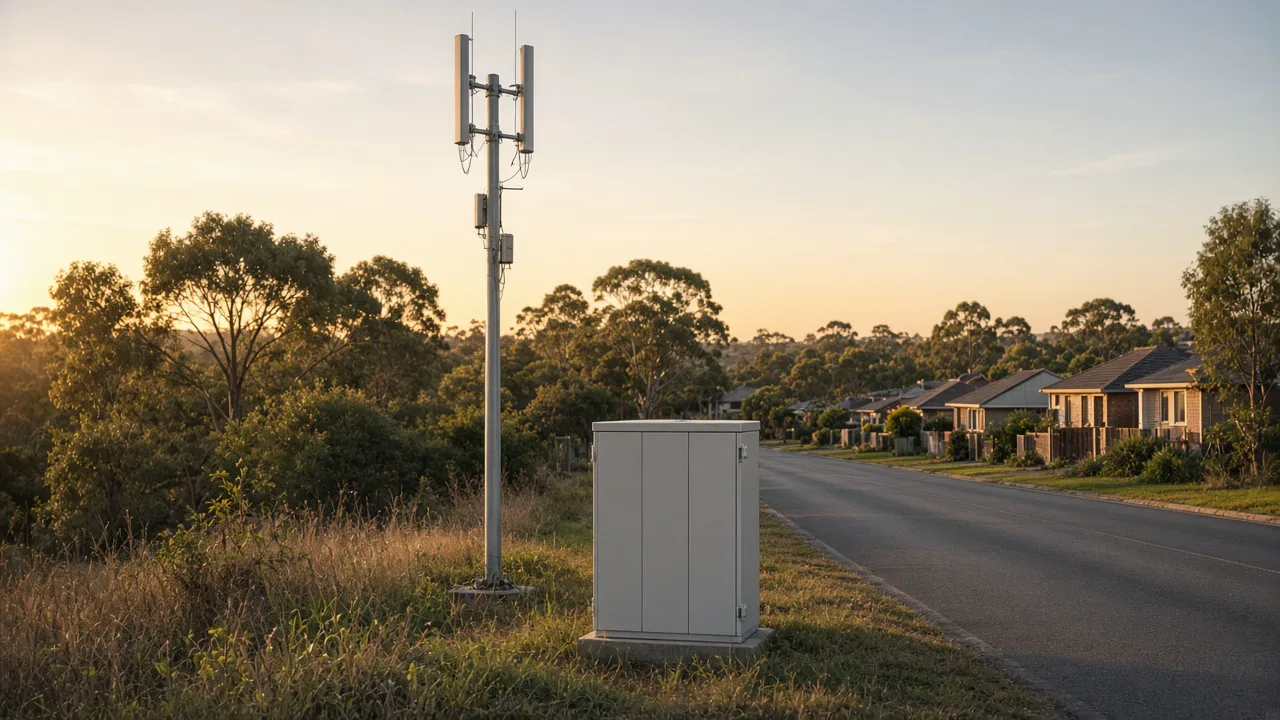 Unbranded roadside communications cabinet and a slim antenna pole beside an empty road, with no logos