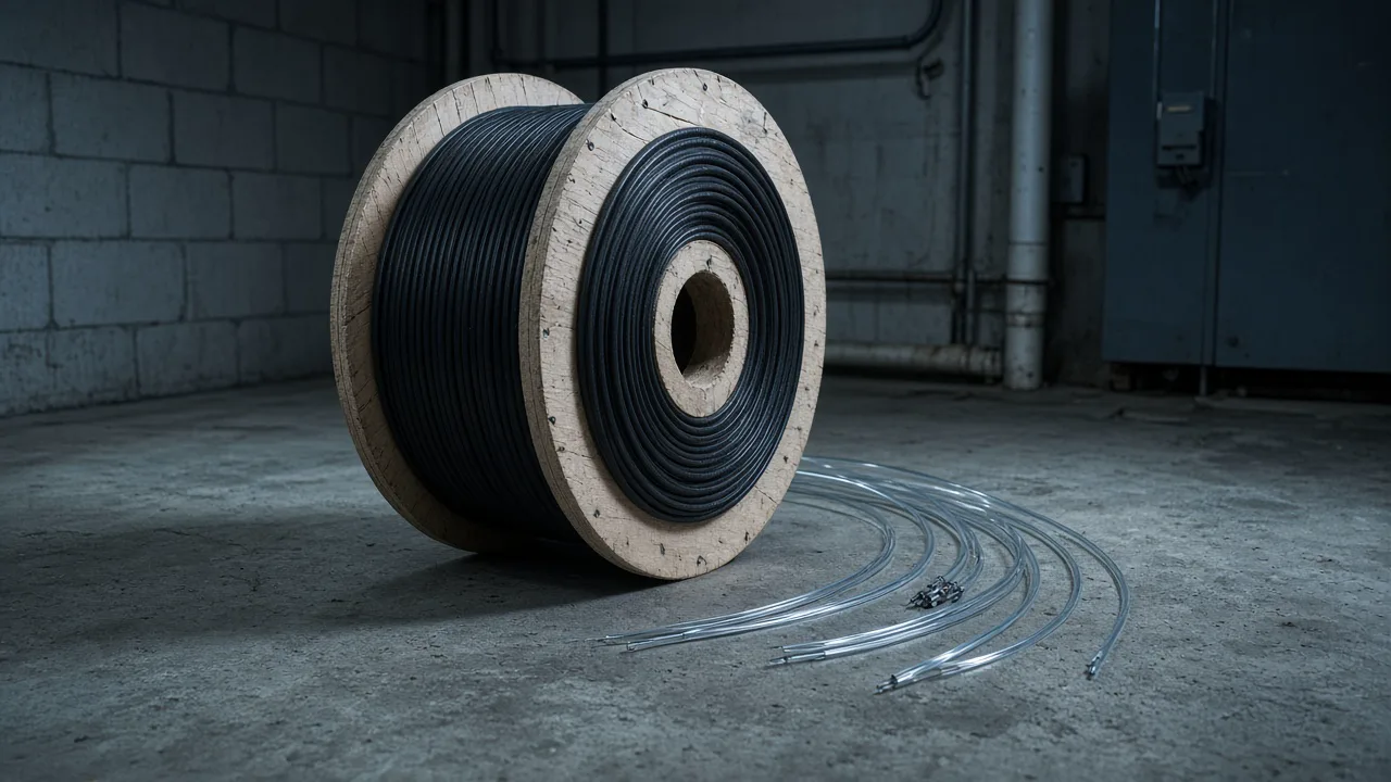 Spool of fiber-optic cable and loose glass strands on a concrete floor, with no labels and no people