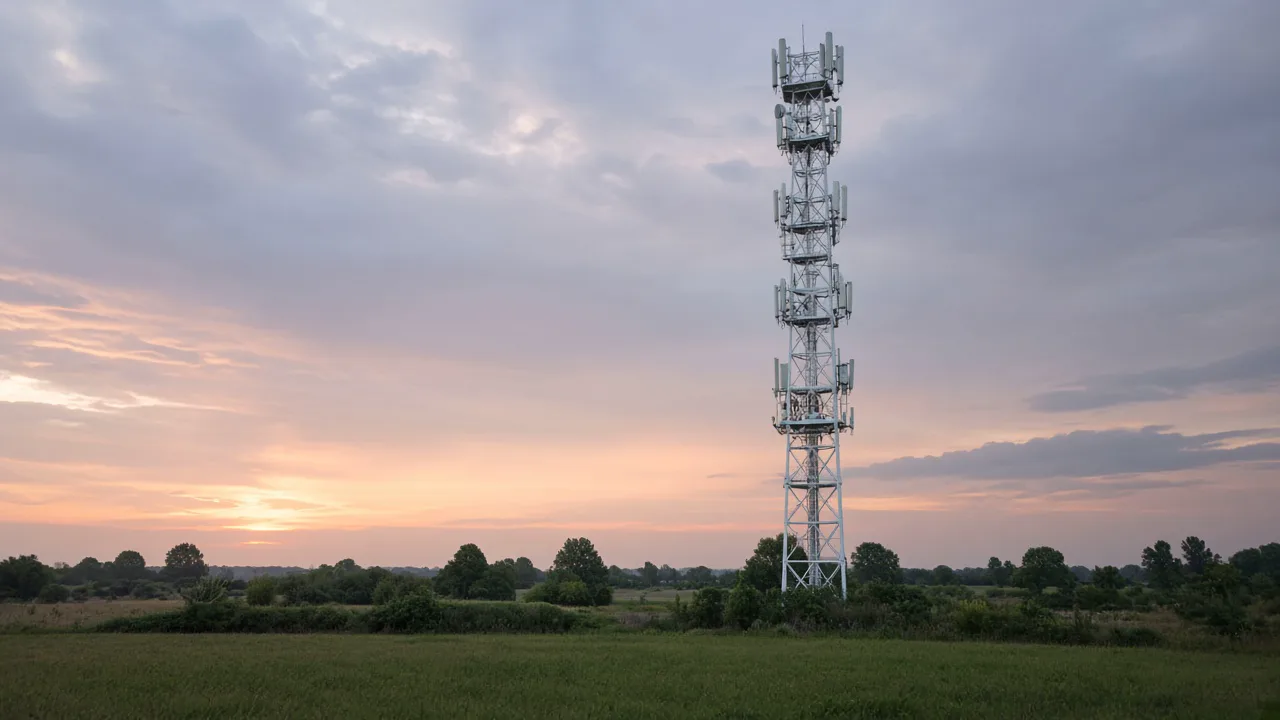 Plain cellular tower above a green field at dusk, with no logos, no signs, and no people