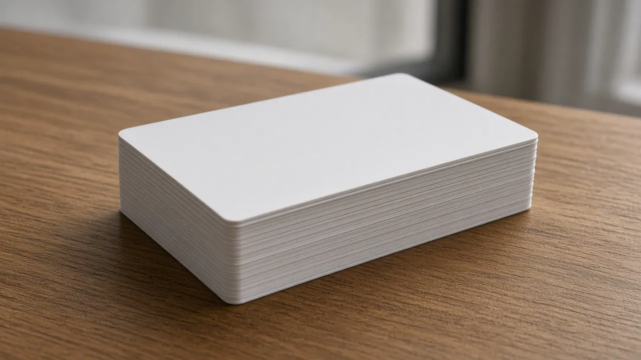 Stack of plain unprinted plastic cards on a wooden desk, with no marks and no people