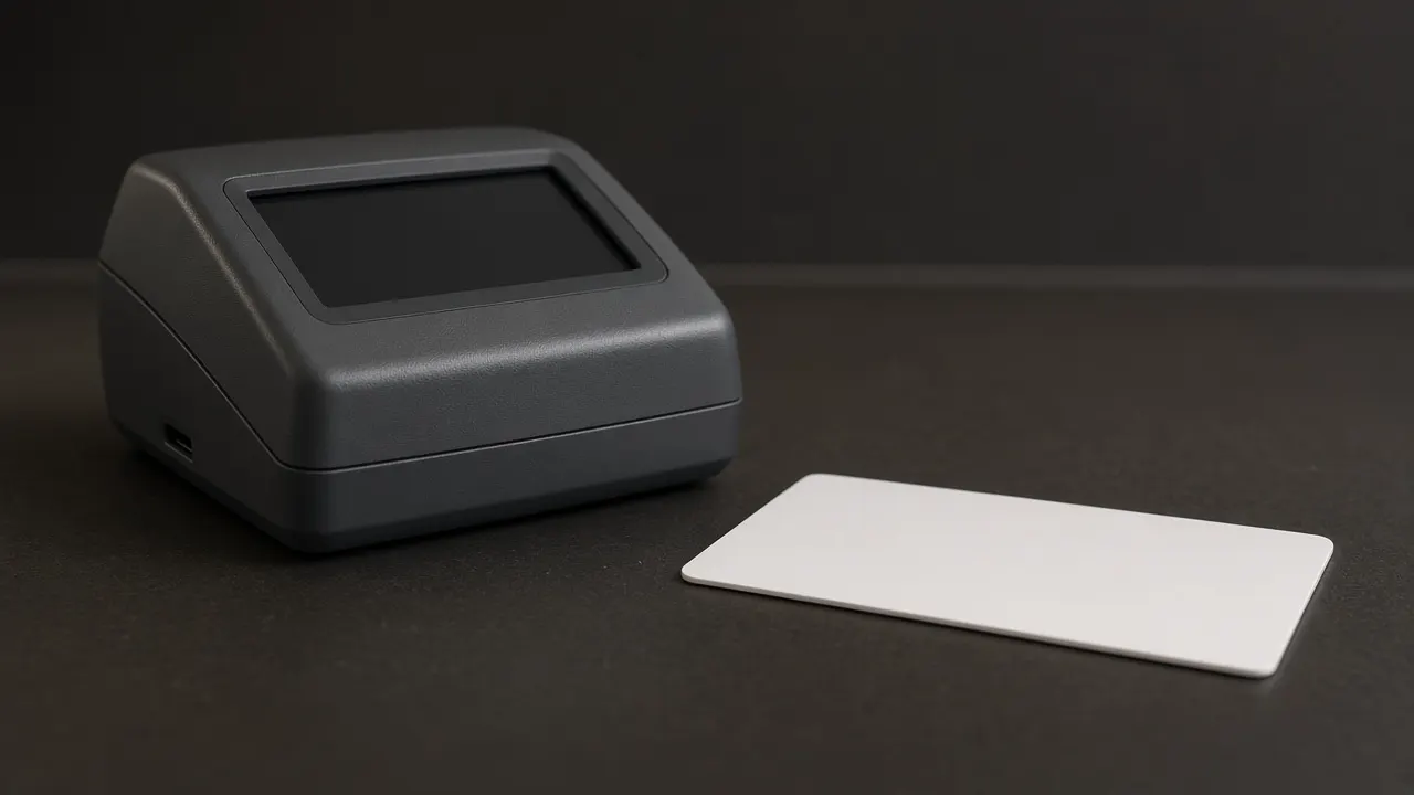 Unbranded payment terminal and a blank card on a dark counter, with no logos and no people