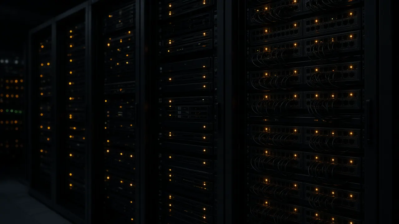 Dark room of network equipment with small amber lights, with no brand labels and no people